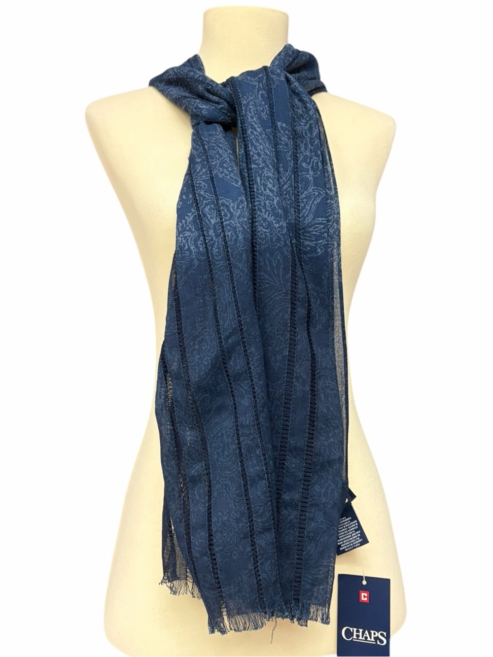 Chaps Navy Blue Paisley Cotton Openwork Fringe Scarf NWT
